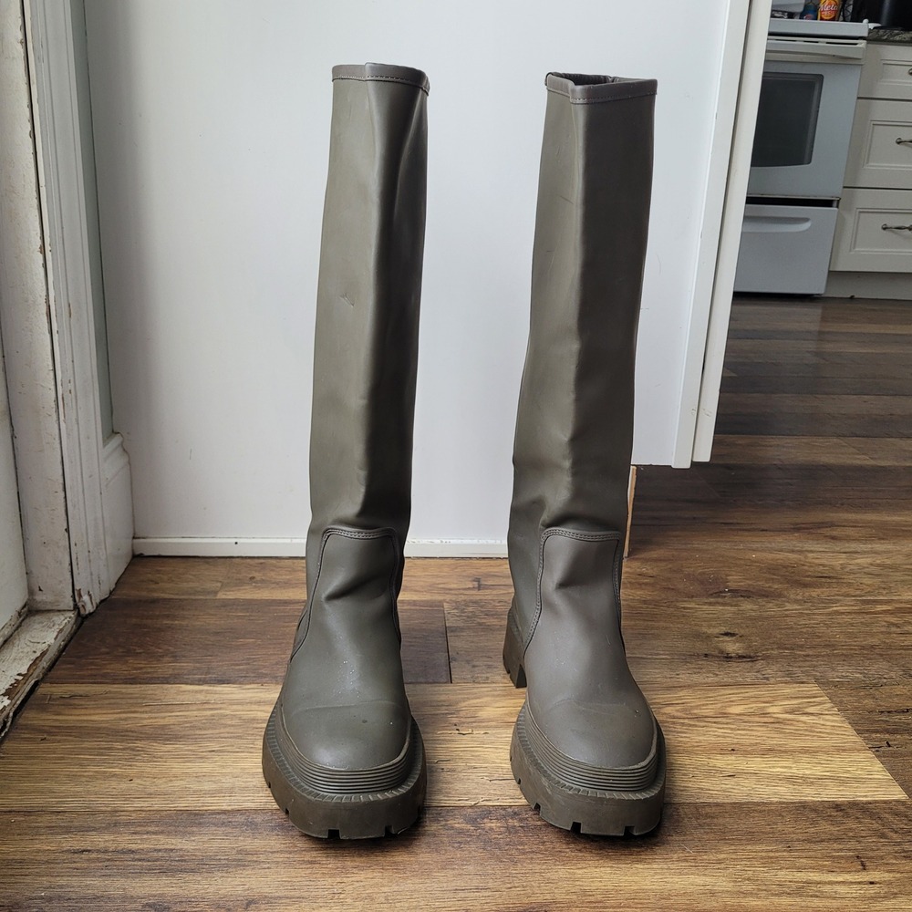 ZARA Women Olive Green Knee High Platform Chunky Sole Rain Boots Size 7.5/Eu 38 - Picture 4 of 13